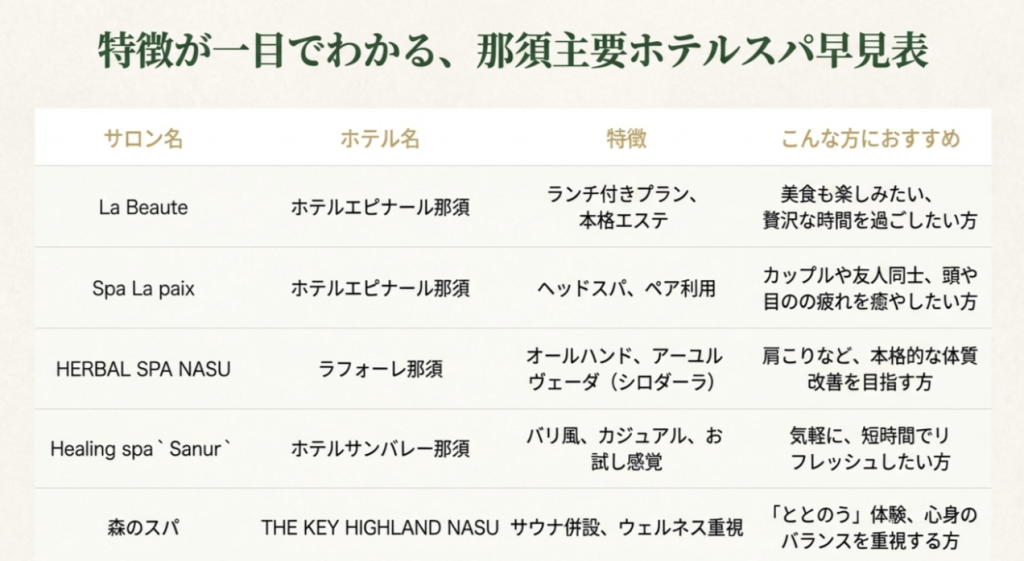 ラ・ボーテ、Spa La paix、HERBAL SPA NASUなど、那須の主要なホテルスパ5施設の特徴とおすすめユーザーをまとめた比較一覧表のスライド。
