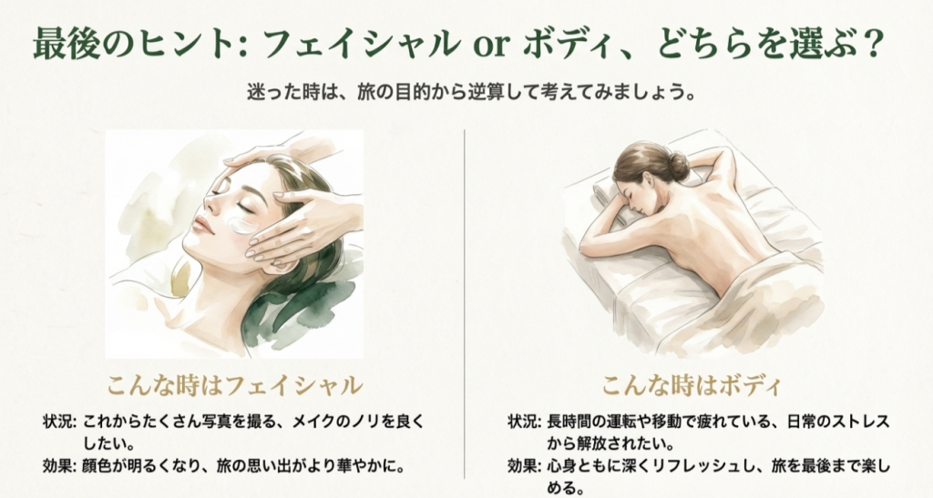 フェイシャルエステとボディマッサージのイラスト。写真映えを狙うならフェイシャル、疲労回復ならボディなど、旅の目的に合わせた選び方を解説したスライド。