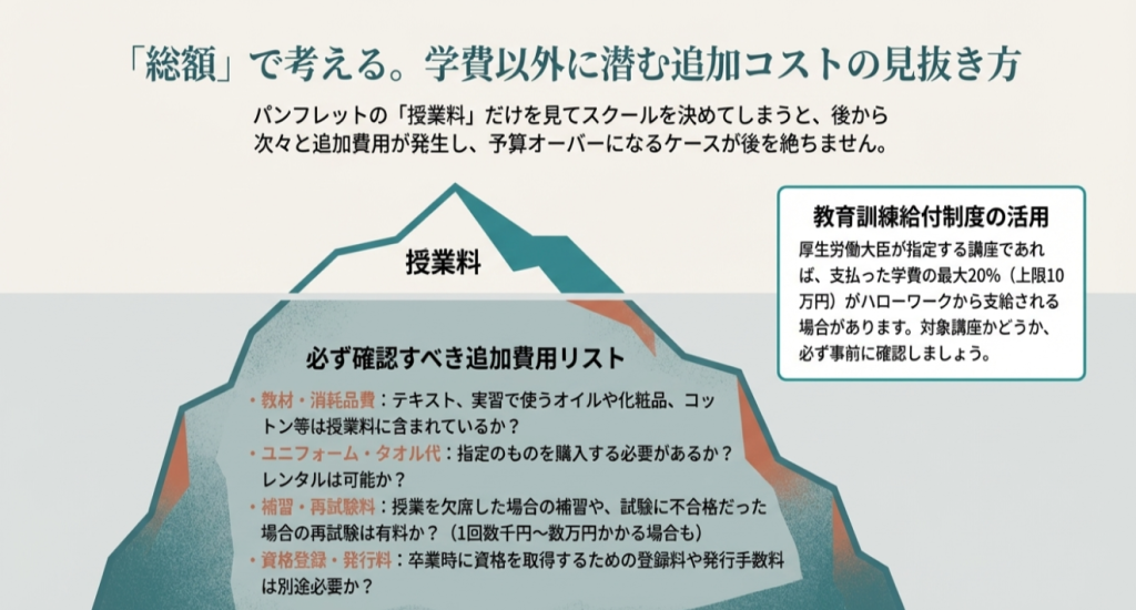 教材費、ユニフォーム代、補習料、資格登録料など、授業料以外に確認すべき追加費用リストと教育訓練給付制度の案内