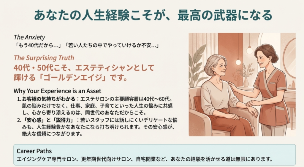 同世代のお客様への共感力や安心感など、40代・50代だからこそ発揮できるエステティシャンとしての強みとキャリアパス