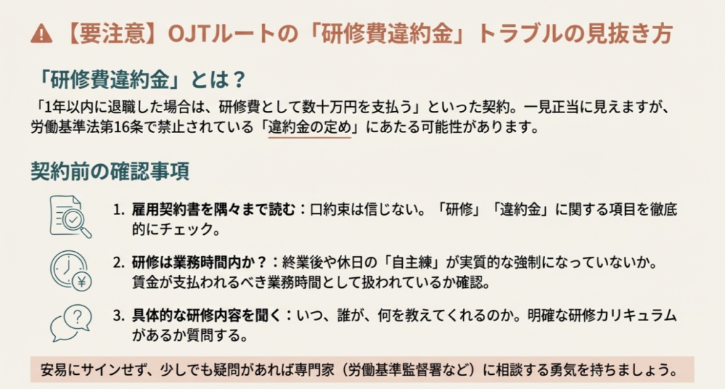 1年以内の退職で研修費を請求されるトラブル事例と、雇用契約書や研修時間の扱いを確認するためのチェックリスト