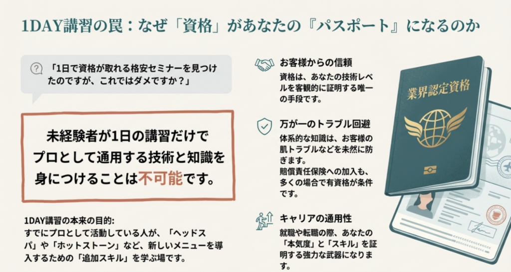 1Day講習はあくまで追加スキル用であり、プロになるには認定資格が必要。資格は信頼、トラブル回避、就職の武器になるという解説